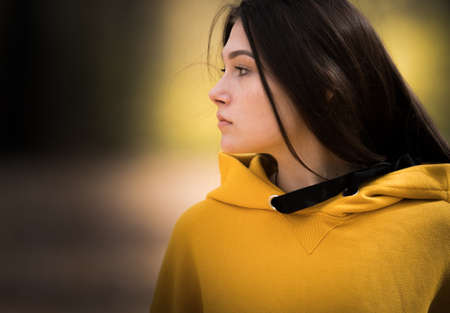 Beautiful girl at forest in autumn の写真素材