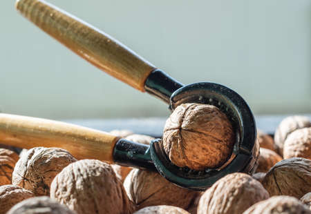 Nutcracker and lot of walnuts on table