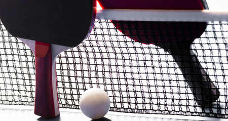 Two table tennis rackets and balls on a blue table with net.の写真素材