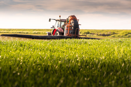 Tractor spraying pesticides over a green fieldの写真素材