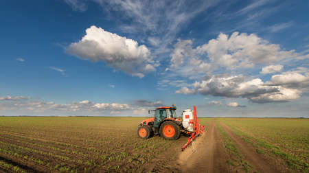 Tractor spraying pesticides on corn field  with sprayer at spring