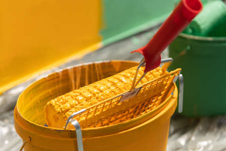 Closeup bucket with paint roller