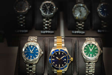 Luxury  watches on display in store window, shallow depth of field.の写真素材