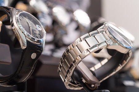 Luxury  watches on display in store window, shallow depth of field.の写真素材