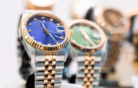 Luxury  watches on display in store window, shallow depth of field.の写真素材