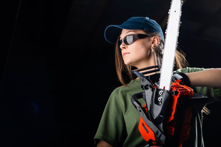 Girl with a chain saw on natureの写真素材