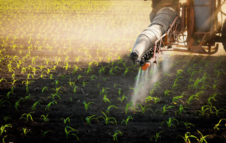 Tractor spraying pesticides on corn field  with sprayer at springの写真素材