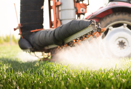 Tractor spraying pesticides over a green field