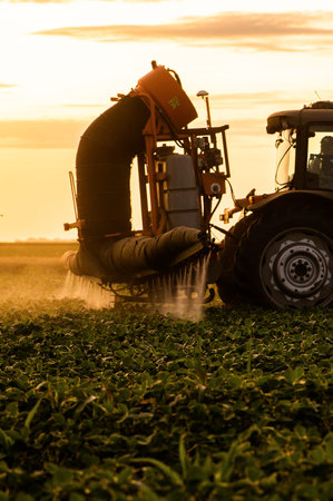 Tractor spraying pesticides on soybean field  with sprayer at spring