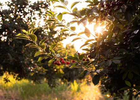 sour cherries on the  tree stick with leaves, in time of harvest in the summer in the orchard.