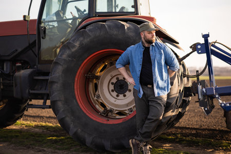 Satisfied tractor driver after work on agricultural field stands next to tractor. Farming and...