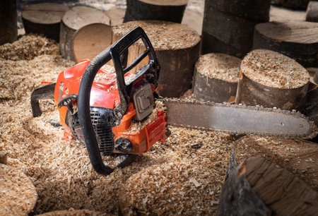 Modern chain saw and  firewood,closeupの写真素材