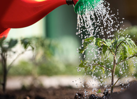 Gardening concept.Watering seedling tomato plant in greenhouse garden with red watering can.の写真素材