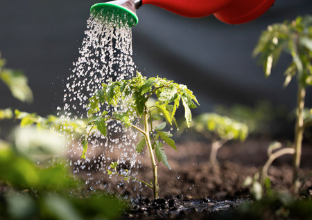 Gardening concept.Watering seedling tomato plant in greenhouse garden with red watering can.の写真素材