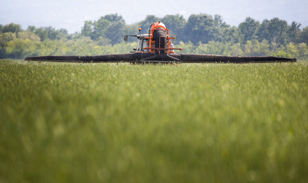 Tractor spraying pesticides over a green field