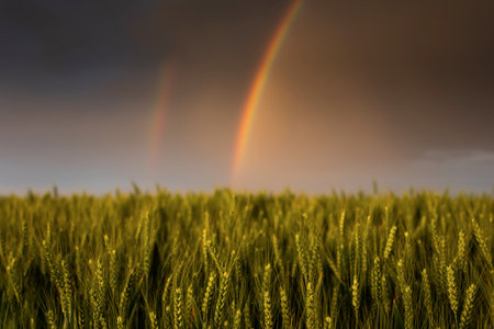 Rainbow shines from clouds on a dark background in a wheat fieldの写真素材