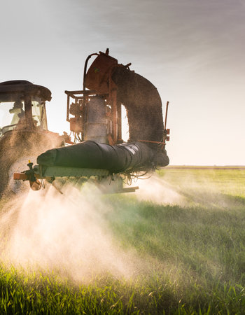 Tractor spraying wheat field with sprayerの写真素材