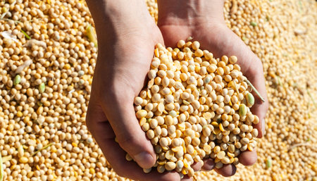 Human hands pouring soy beans after harvestの写真素材