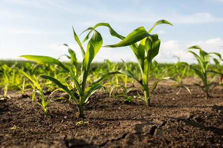Young Corn Plants. Cornfield with sunset sun. Corn maize field in early stage