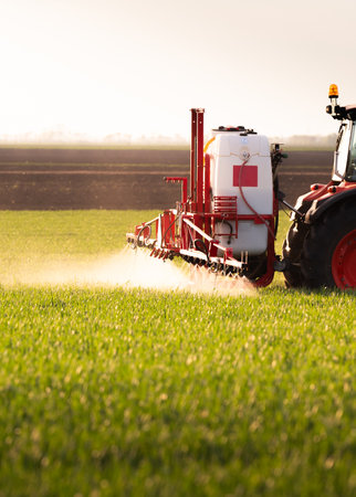 Tractor spraying pesticides over a green field