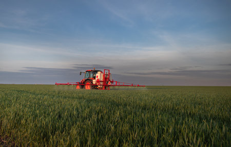 Tractor spraying pesticides over a green field