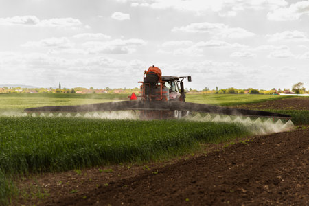 Tractor spraying pesticides over a green field