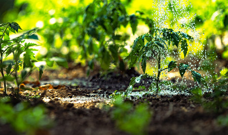 Gardening concept.Watering seedling tomato plant   garden with watering can.の写真素材
