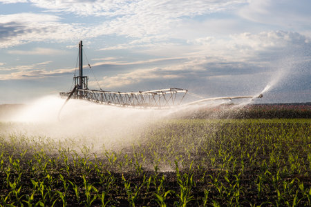 Agricultural irrigation system watering corn field on sunny spring day.