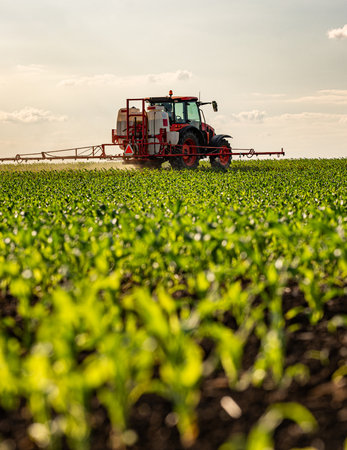 Tractor spraying pesticides on corn field  with sprayer at spring