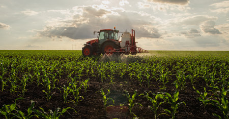 Rows of sunlit young corn plants on a moist fieldの写真素材