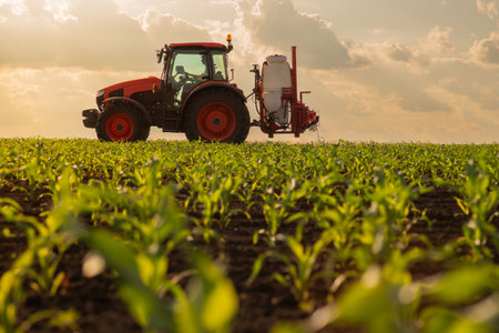 Rows of sunlit young corn plants on a moist fieldの写真素材