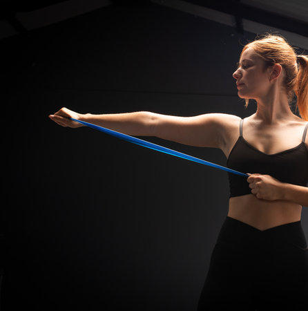 Woman in black sports clothes exercising with resistance band in studio. Resistance Band Workout For Strong Muscular Body. Fitness Girl In Fashion Sportswear. Training Against Stone Wall. Sport As Lifestyle For Active Urban People.の写真素材