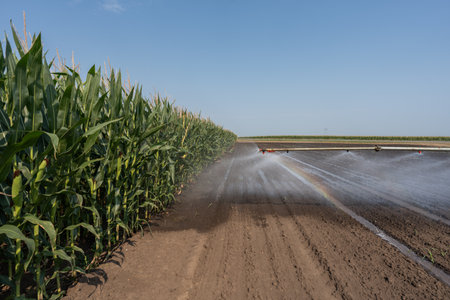 Agricultural irrigation system watering corn field on sunny spring day.の写真素材