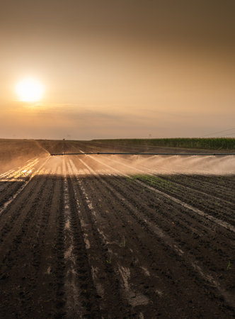 Agricultural irrigation system watering corn field on sunny spring day.の写真素材