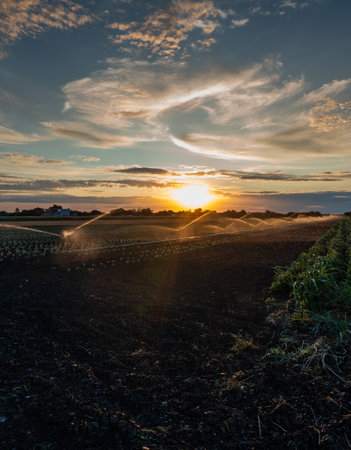 cabbage field with irrigation sprinkler watering