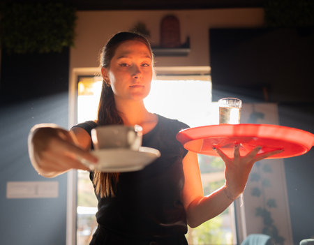 Portrait of young female waitress serving coffee at the cafe