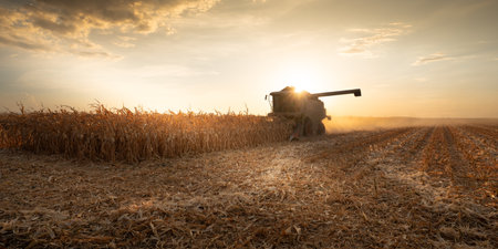Combine Operator Harvesting Corn on the Field in Sunny Day.の写真素材