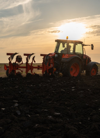 tractor plows the field in the evening at sunset.