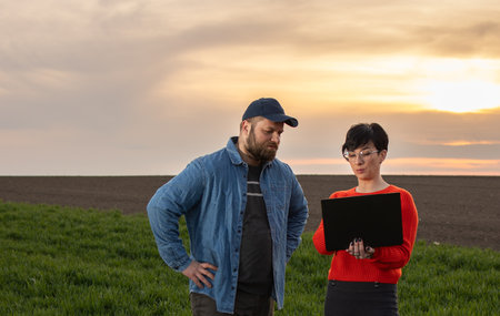 Agronomist and farmer checks the quality wheat in field.