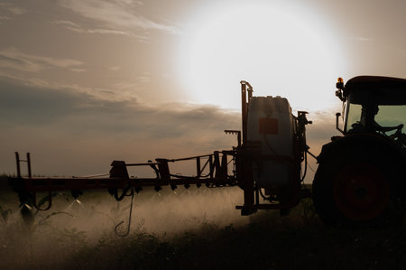 A tractor sprays chemicals to control pests and weeds in crops