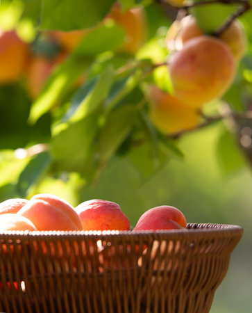 Handpicked ripe apricot fruit in wicker basket on organic orchard ground.の写真素材