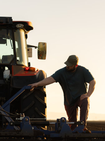 Satisfied tractor driver after work on agricultural field stands next to tractor. Farming and harvestingの写真素材