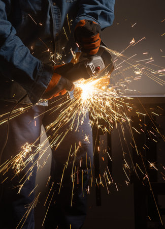 Workman using power tool with hot metal sparksの写真素材