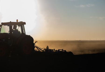 Tractor plowing farm preparing soil for new crop plantation during the evening.
