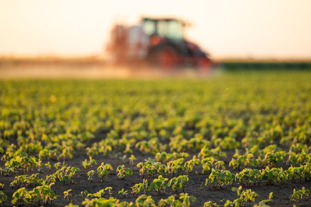Tractor spraying pesticides on soybean field  with sprayer at springの写真素材