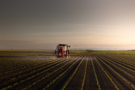 Tractor spraying pesticides on soybean field  with sprayer at springの写真素材