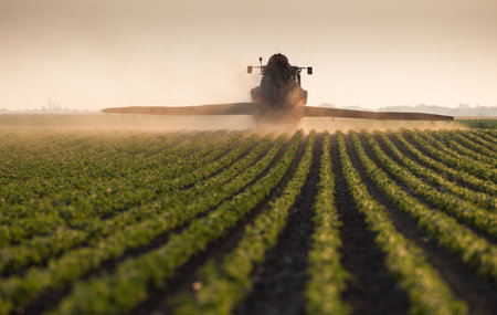 Tractor spraying pesticides on soybean field  with sprayer at springの写真素材