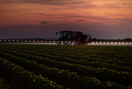 Tractor spraying pesticides on soybean field  with sprayer at spring