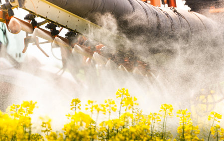 Tractor machine used in agriculture spraying insecticide canola field