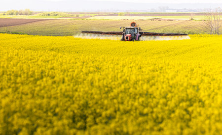 Tractor machine used in agriculture spraying insecticide canola fieldの写真素材